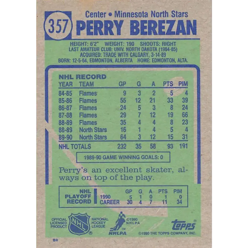 1990-91 Topps #357 Perry Berezan NM-MT Minnesota North Stars Hockey Card - Hockey Card Single