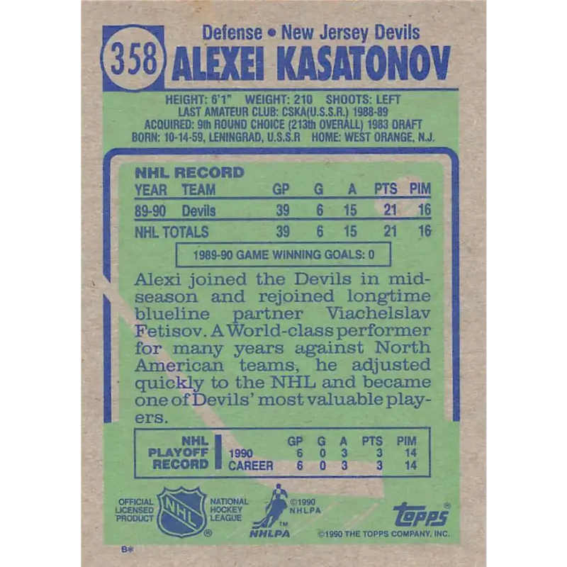 1990-91 Topps #358 Alexei Kasatonov NM-MT RC Rookie New Jersey Devils Hockey Card - Hockey Card Single