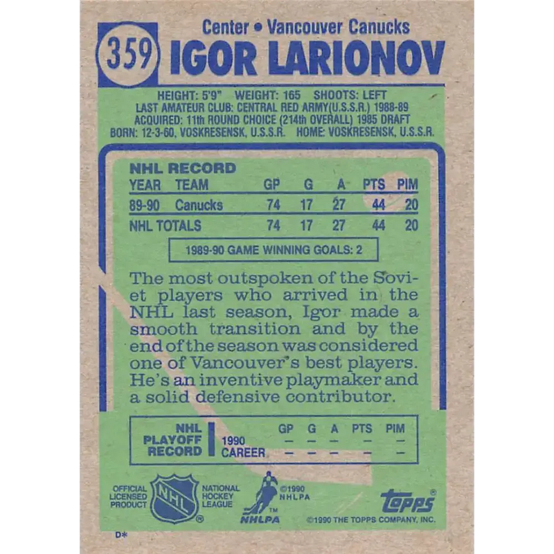 1990-91 Topps #359 Igor Larionov NM-MT RC Rookie Vancouver Canucks Hockey Card