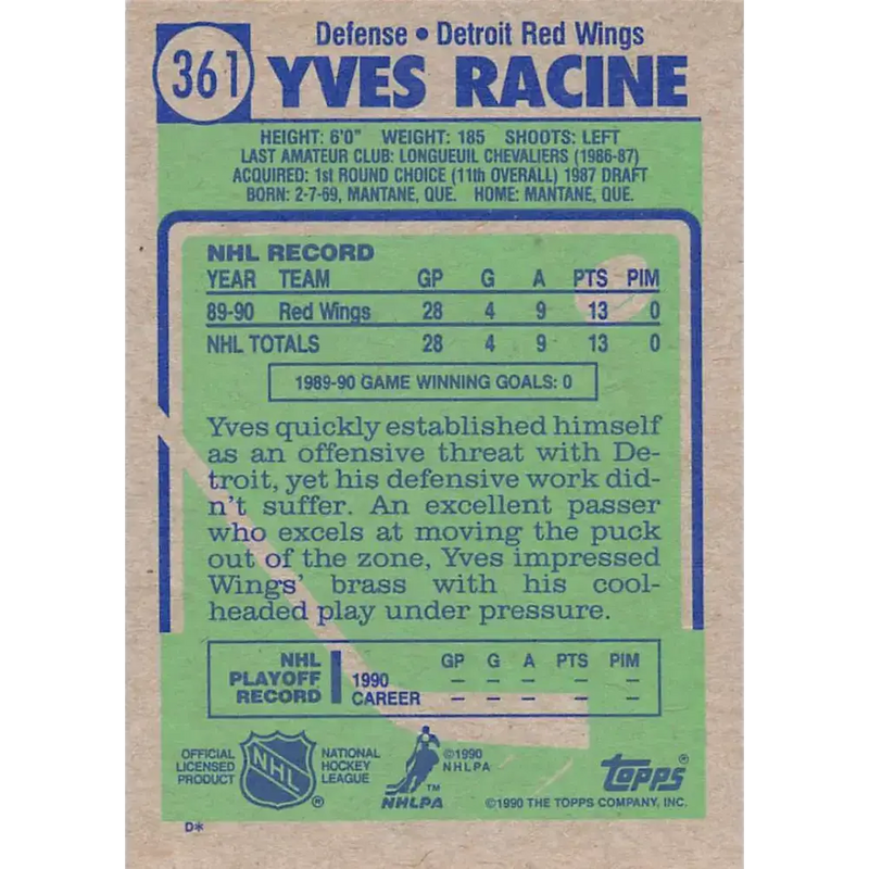 1990-91 Topps #361 Yves Racine NM-MT RC Rookie Detroit Red Wings Hockey Card - Hockey Card Single
