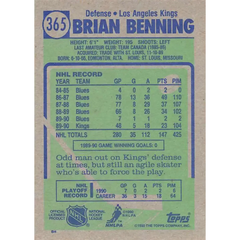 1990-91 Topps #365 Brian Benning NM-MT Hockey Card - Hockey Card Single