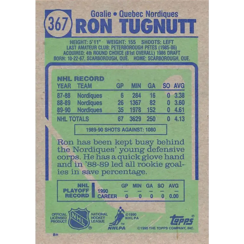 1990-91 Topps #367 Ron Tugnutt NM-MT Hockey Card - Hockey Card Single