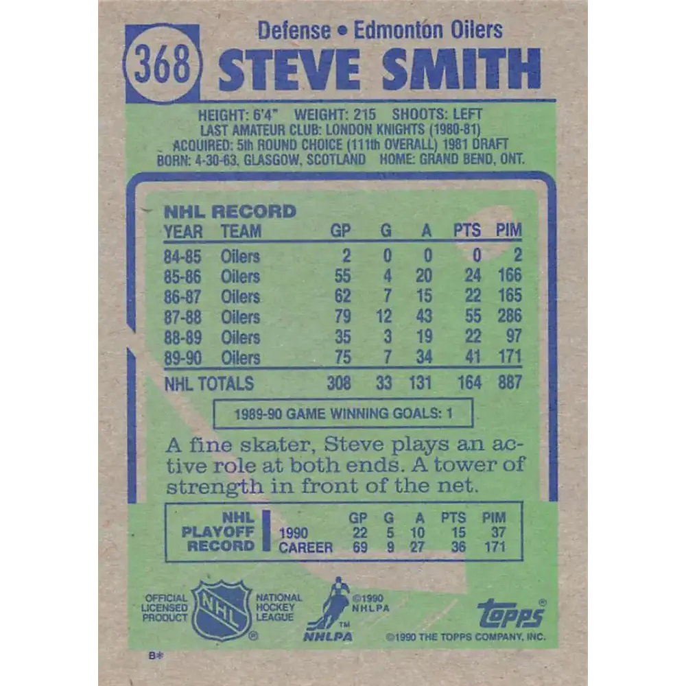 1990-91 Topps #368 Steve Smith NM-MT Edmonton Oilers Hockey Card - Hockey Card Single