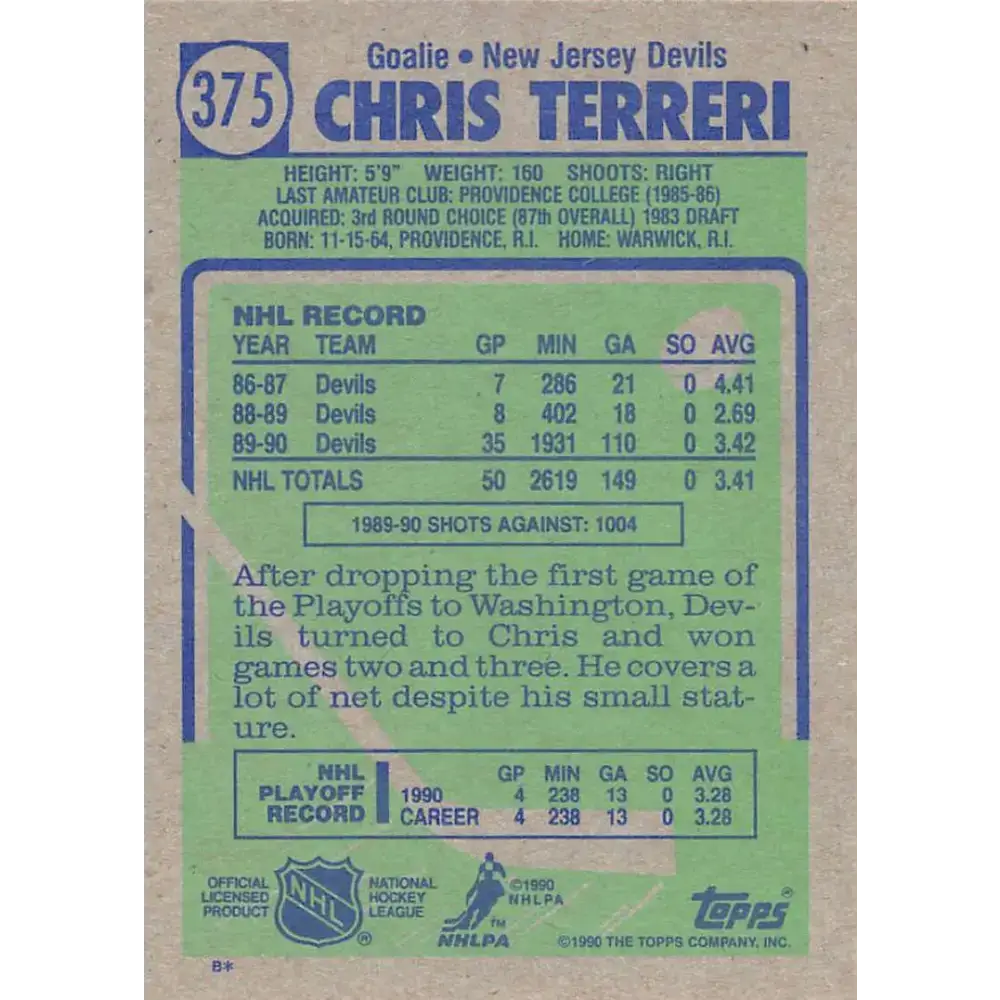 1990-91 Topps #375 Chris Terreri NM-MT RC Rookie New Jersey Devils Hockey Card - Hockey Card Single