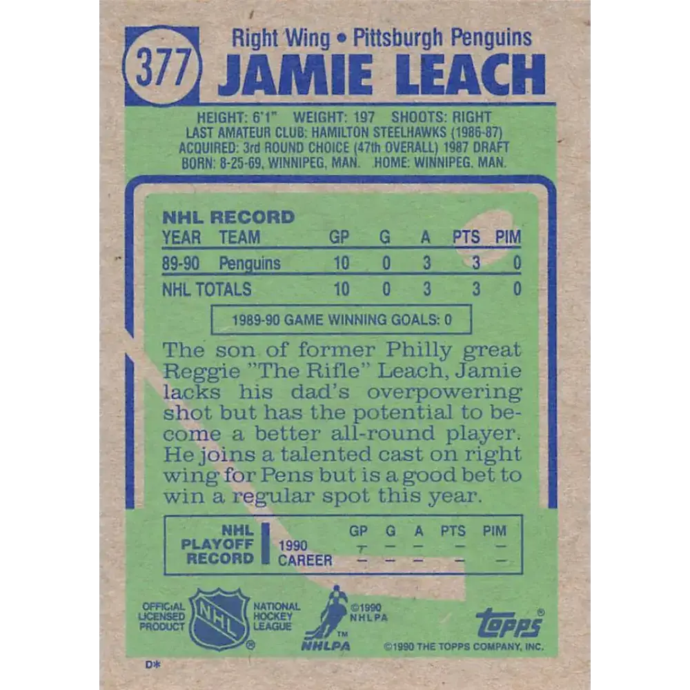 1990-91 Topps #377 Jamie Leach NM-MT Pittsburgh Penguins Hockey Card - Hockey Card Single