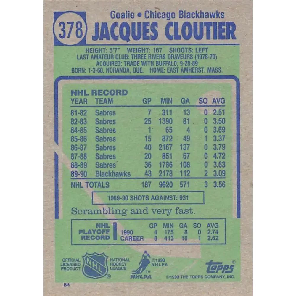 1990-91 Topps #378 Jacques Cloutier NM-MT Chicago Blackhawks Hockey Card - Hockey Card Single