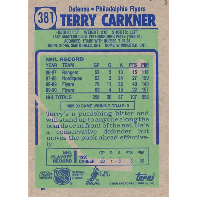 1990-91 Topps #381 Terry Carkner NM-MT Philadelphia Flyers Hockey Card - Hockey Card Single
