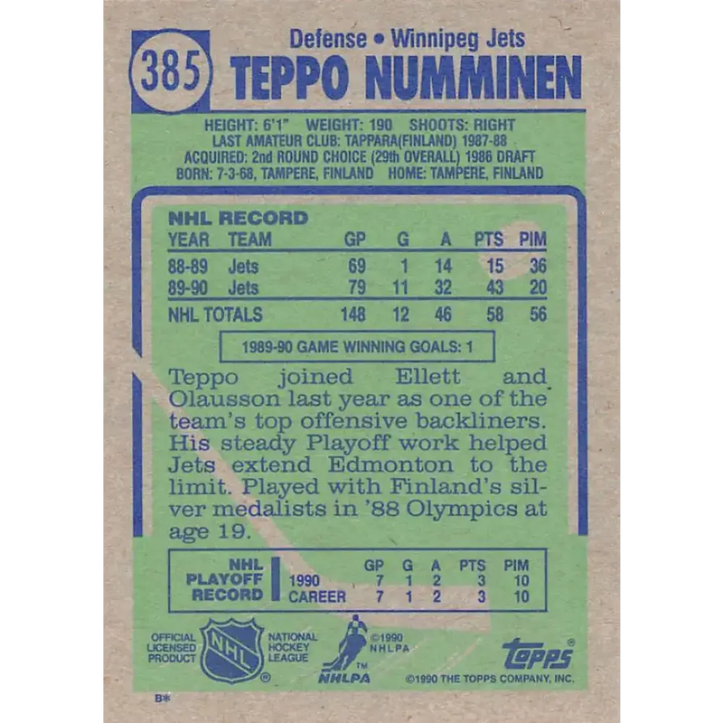 1990-91 Topps #385 Teppo Numminen NM-MT RC Rookie Winnipeg Jets Hockey Card - Hockey Card Single