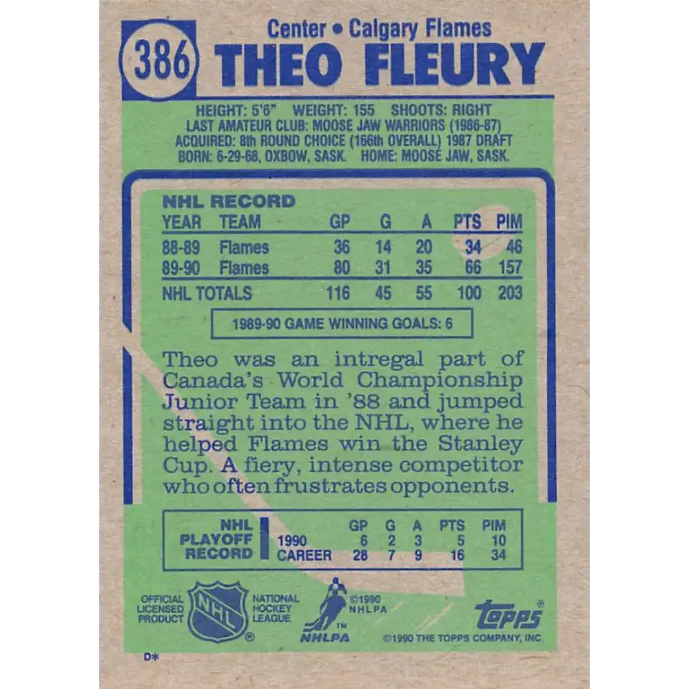 1990-91 Topps #386 Theo Fleury NM-MT Calgary Flames Hockey Card - Hockey Card Single