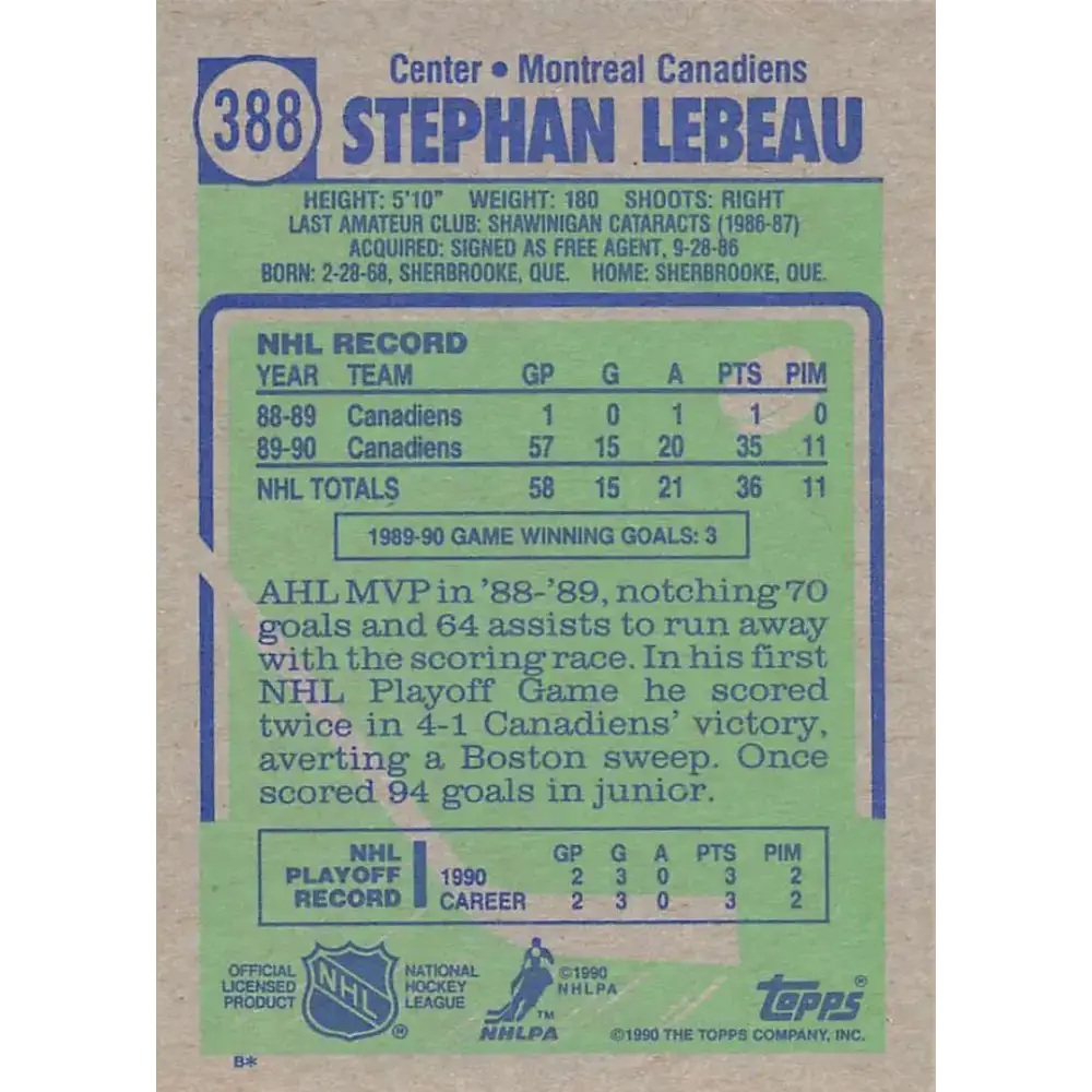 1990-91 Topps #388 Stephan Lebeau NM-MT RC Rookie Montreal Canadiens Hockey Card - Hockey Card Single