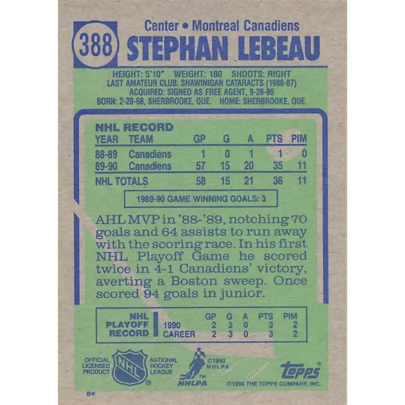 1990-91 Topps #388 Stephan Lebeau NM-MT RC Rookie Montreal Canadiens Hockey Card - Hockey Card Single