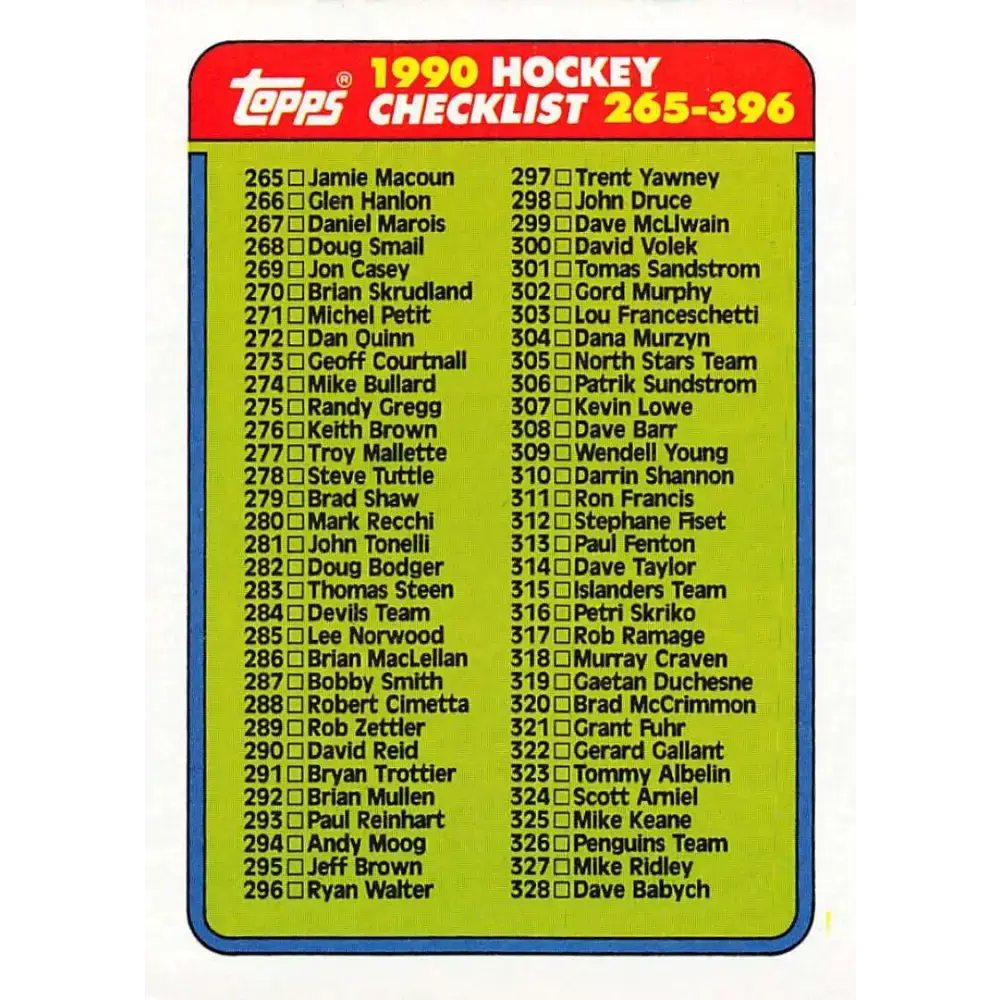 1990-91 Topps #396 Checklist 265-396 NM-MT Hockey Card