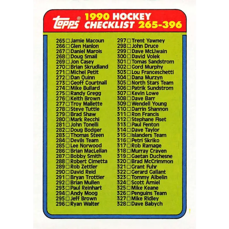 1990-91 Topps #396 Checklist 265-396 NM-MT Hockey Card