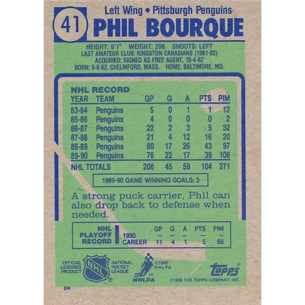 1990-91 Topps #41 Phil Bourque NM-MT Pittsburgh Penguins Hockey Card - Hockey Card Single