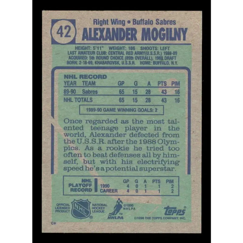 1990-91 Topps #42 Alexander Mogilny NM-MT RC Rookie Buffalo Sabres Hockey Card - Hockey Card Single