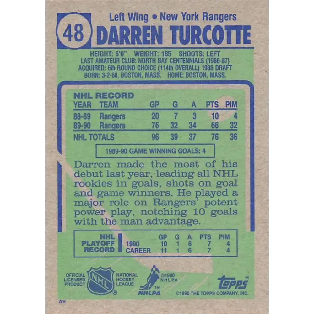 1990-91 Topps #48 Darren Turcotte NM-MT RC Rookie New York Rangers Hockey Card