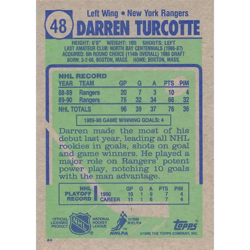 1990-91 Topps #48 Darren Turcotte NM-MT RC Rookie New York Rangers Hockey Card