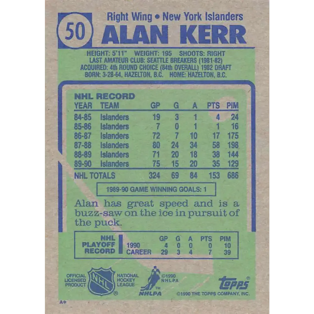 1990-91 Topps #50 Alan Kerr NM-MT New York Islanders Hockey Card - Hockey Card Single