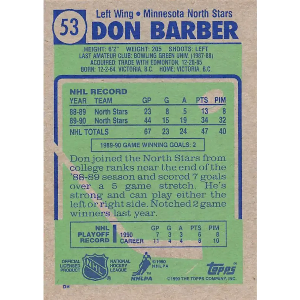 1990-91 Topps #53 Don Barber NM-MT Hockey Card - Hockey Card Single