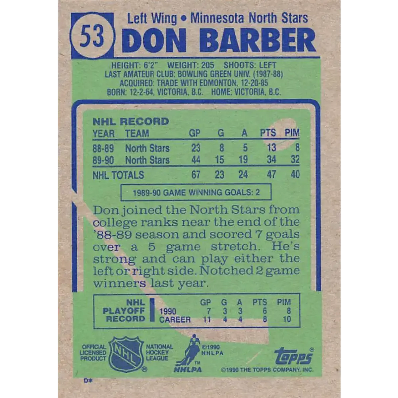 1990-91 Topps #53 Don Barber NM-MT Hockey Card - Hockey Card Single
