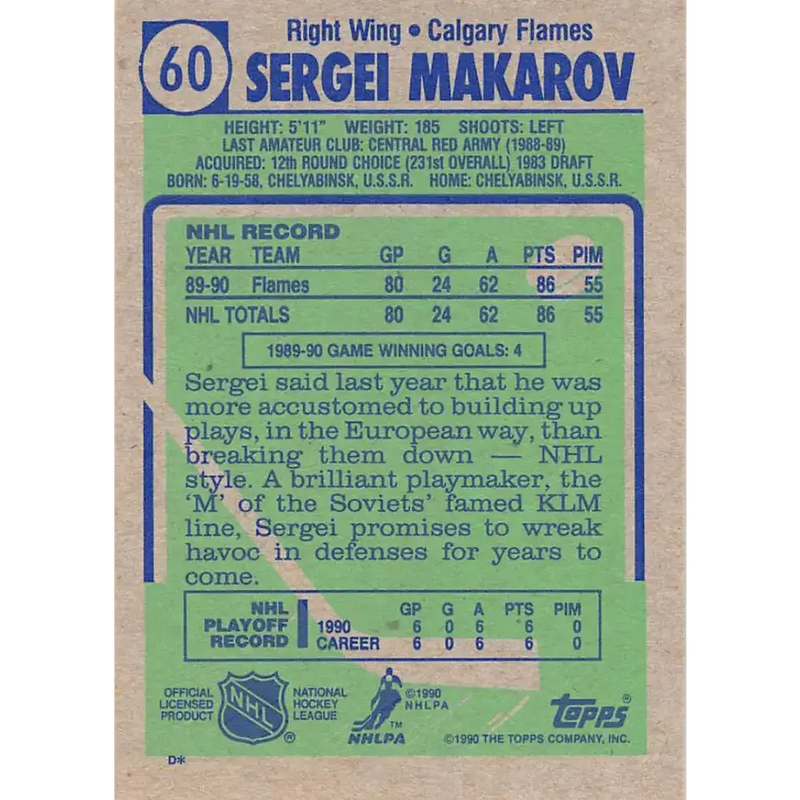 1990-91 Topps #60 Sergei Makarov NM-MT RC Rookie Hockey Card - Hockey Card Single