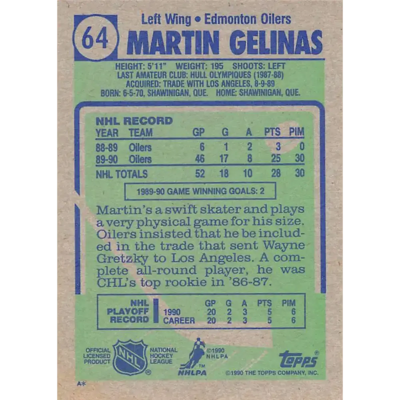 1990-91 Topps #64 Martin Gelinas NM-MT RC Rookie Edmonton Oilers Hockey Card - Hockey Card Single