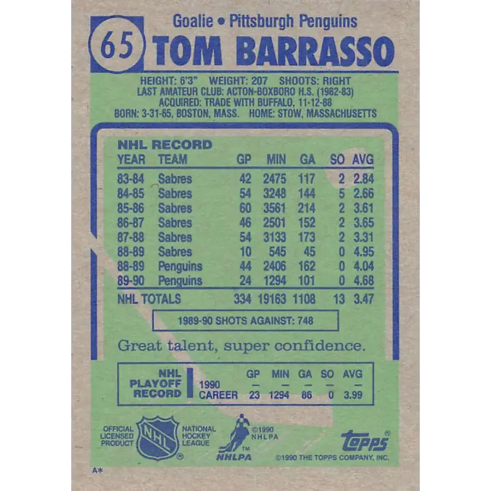 1990-91 Topps #65 Tom Barrasso NM-MT Pittsburgh Penguins Hockey Card - Hockey Card Single