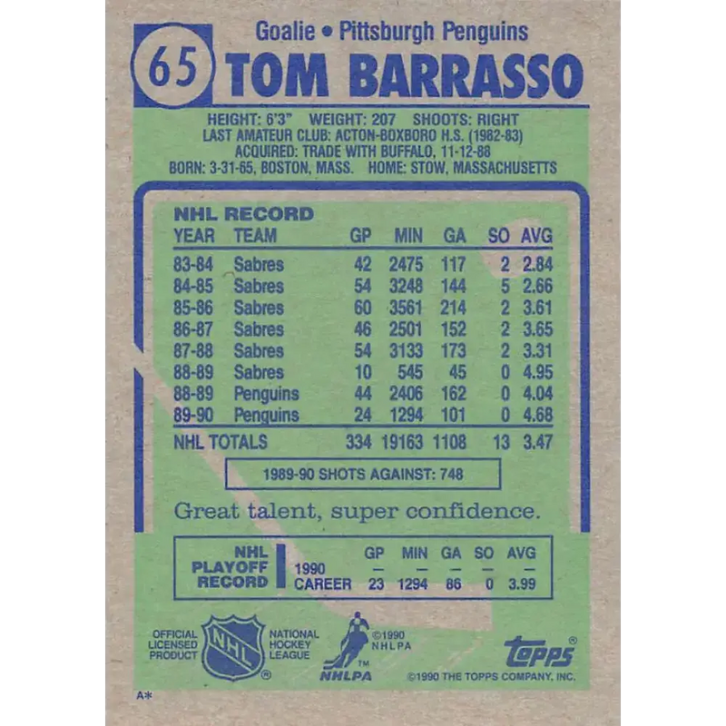 1990-91 Topps #65 Tom Barrasso NM-MT Pittsburgh Penguins Hockey Card - Hockey Card Single