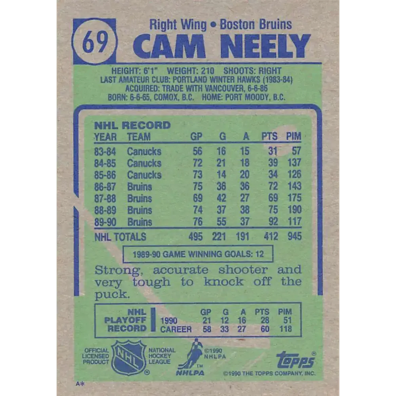 1990-91 Topps #69 Cam Neely NM-MT Hockey Card - Hockey Card Single