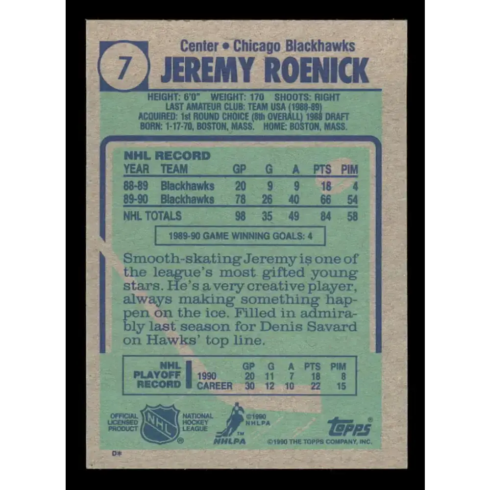 1990-91 Topps #7 Jeremy Roenick NM-MT RC Rookie Chicago Blackhawks Hockey Card - Hockey Card Single