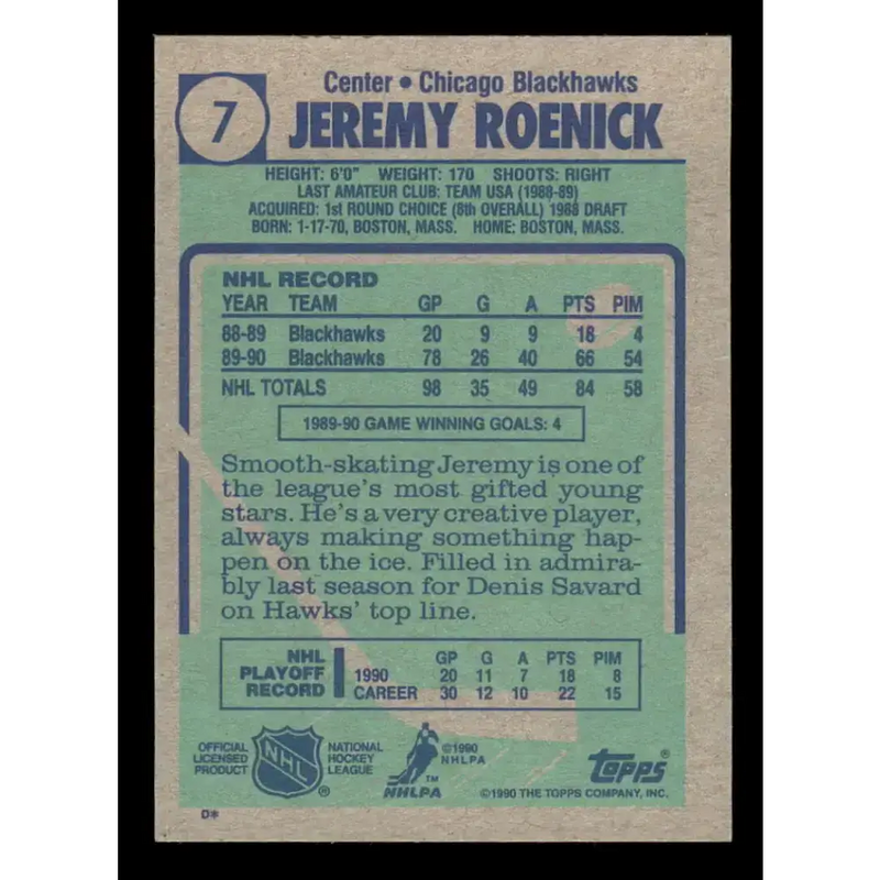 1990-91 Topps #7 Jeremy Roenick NM-MT RC Rookie Chicago Blackhawks Hockey Card - Hockey Card Single