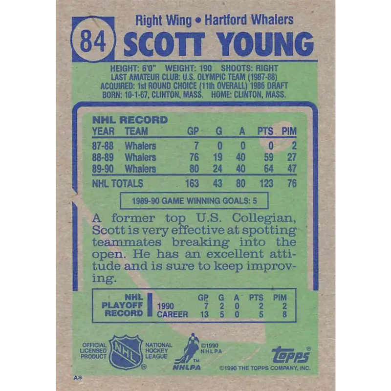1990-91 Topps #84 Scott Young NM-MT Hartford Whalers Hockey Card - Hockey Card Single