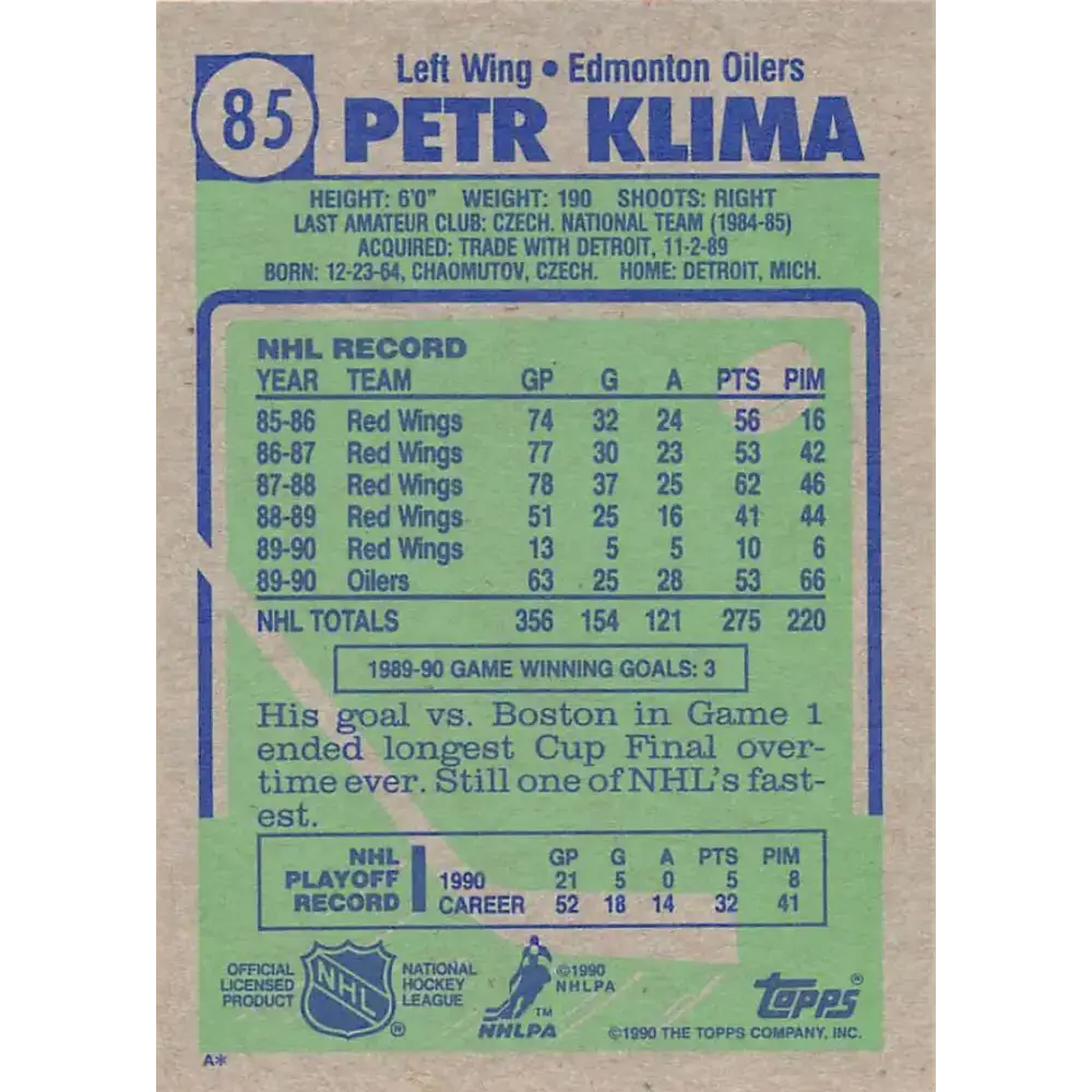 1990-91 Topps #85 Petr Klima NM-MT Edmonton Oilers Hockey Card - Hockey Card Single