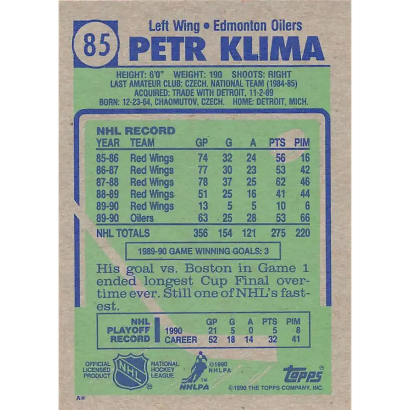 1990-91 Topps #85 Petr Klima NM-MT Edmonton Oilers Hockey Card - Hockey Card Single