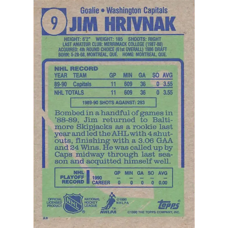 1990-91 Topps #9 Jim Hrivnak NM-MT RC Rookie Washington Capitals Hockey Card - Hockey Card Single
