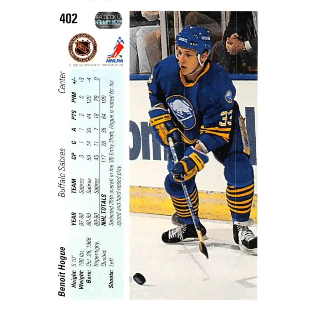 1990-91 Upper Deck #402 Benoit Hogue NM-MT Buffalo Sabres Hockey Card - Hockey Card Single