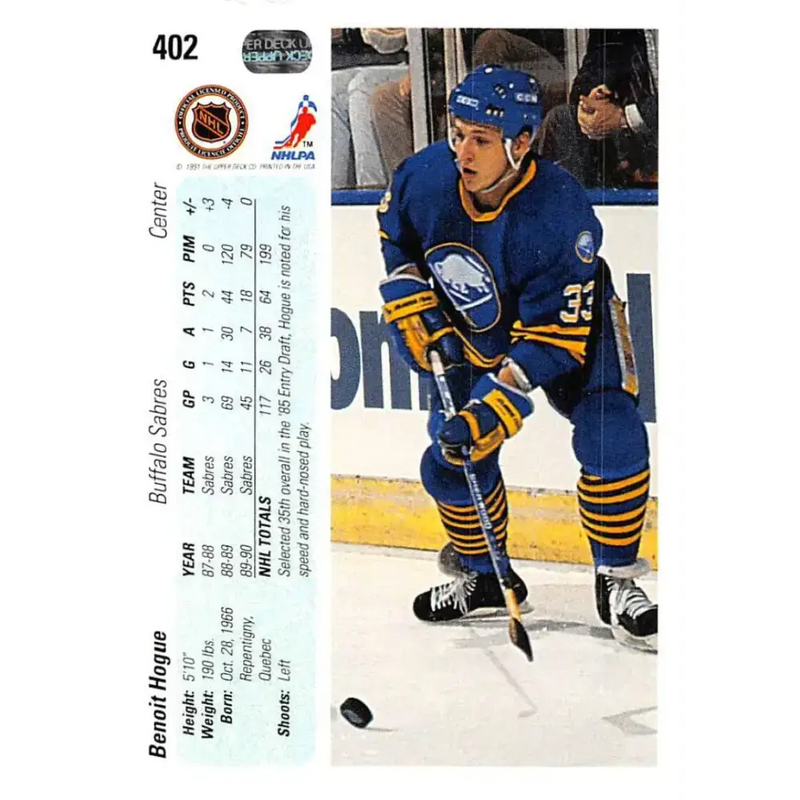 1990-91 Upper Deck #402 Benoit Hogue NM-MT Buffalo Sabres Hockey Card - Hockey Card Single