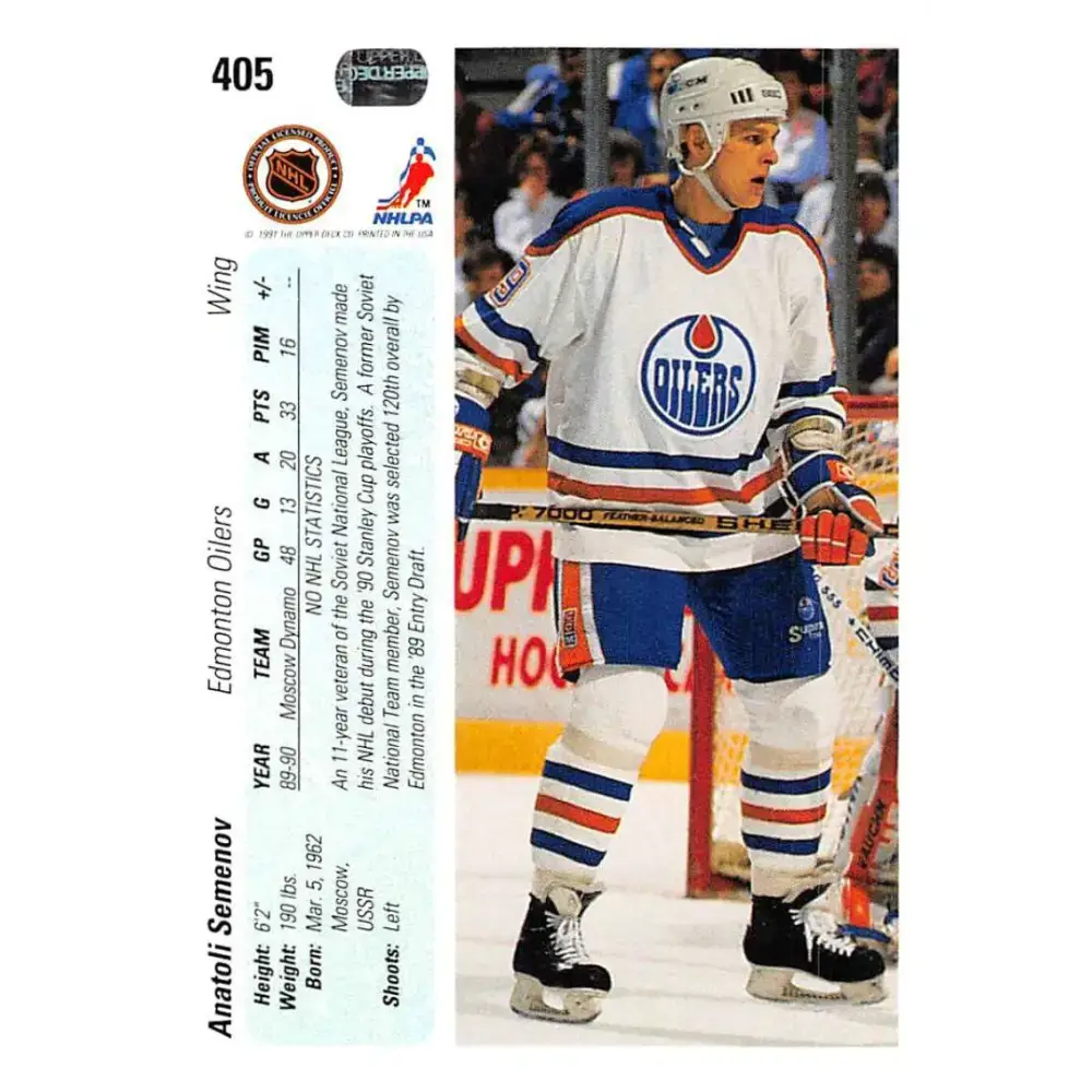 1990-91 Upper Deck #405 Anatoli Semenov NM-MT RC Rookie Edmonton Oilers Hockey Card - Hockey Card Single