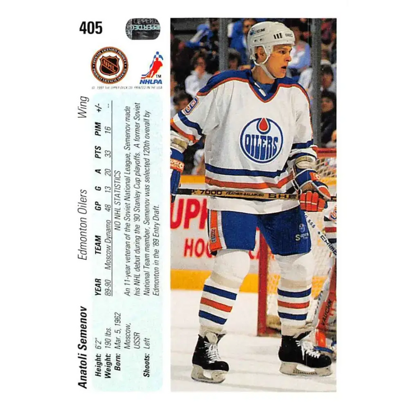 1990-91 Upper Deck #405 Anatoli Semenov NM-MT RC Rookie Edmonton Oilers Hockey Card - Hockey Card Single