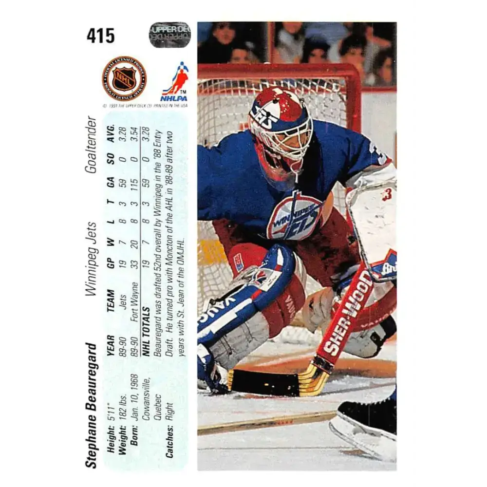 1990-91 Upper Deck #415 Steph Beauregard NM-MT RC Rookie Winnipeg Jets Hockey Card - Hockey Card Single