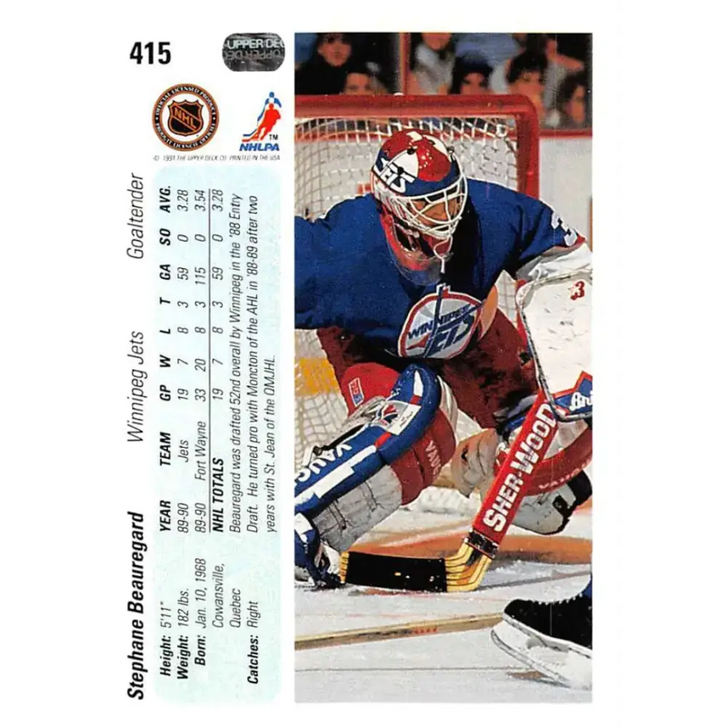 1990-91 Upper Deck #415 Steph Beauregard NM-MT RC Rookie Winnipeg Jets Hockey Card - Hockey Card Single