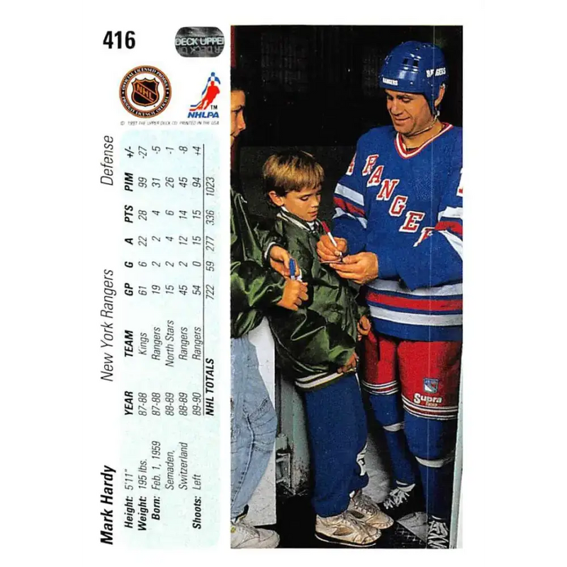 1990-91 Upper Deck #416 Mark Hardy NM-MT New York Rangers Hockey Card - Hockey Card Single