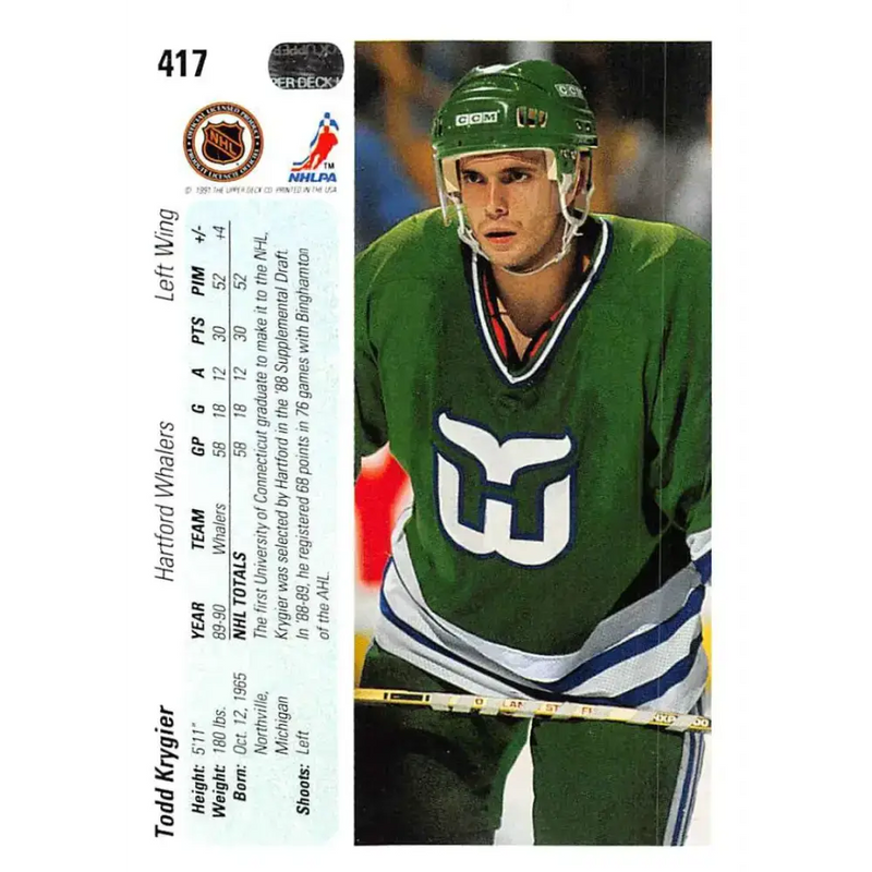 1990-91 Upper Deck #417 Todd Krygier NM-MT Hartford Whalers Hockey Card - Hockey Card Single
