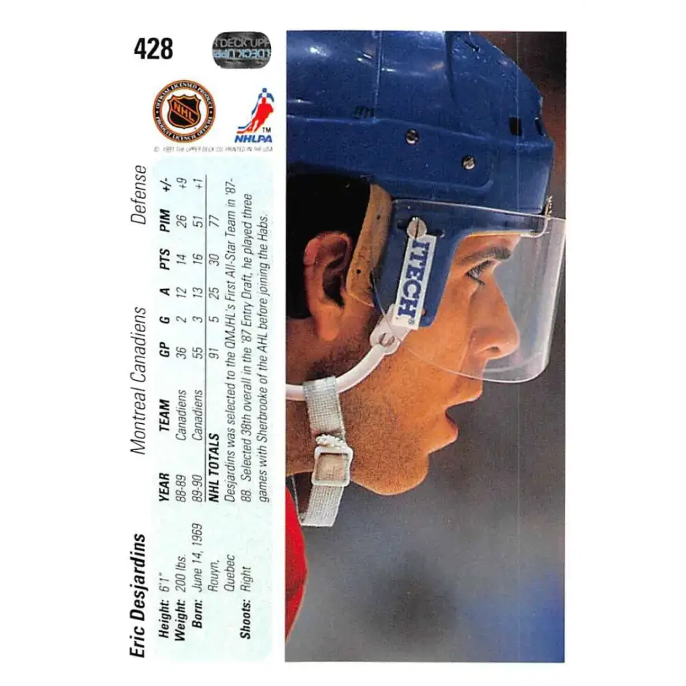 1990-91 Upper Deck #428 Eric Desjardins NM-MT RC Rookie Montreal Canadiens Hockey Card - Hockey Card Single