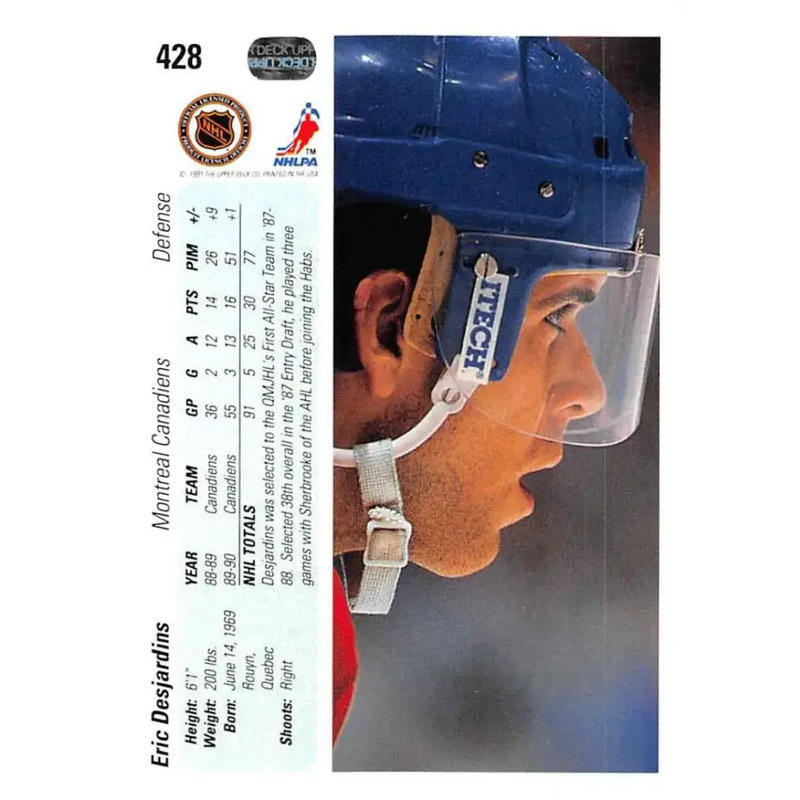 1990-91 Upper Deck #428 Eric Desjardins NM-MT RC Rookie Montreal Canadiens Hockey Card - Hockey Card Single