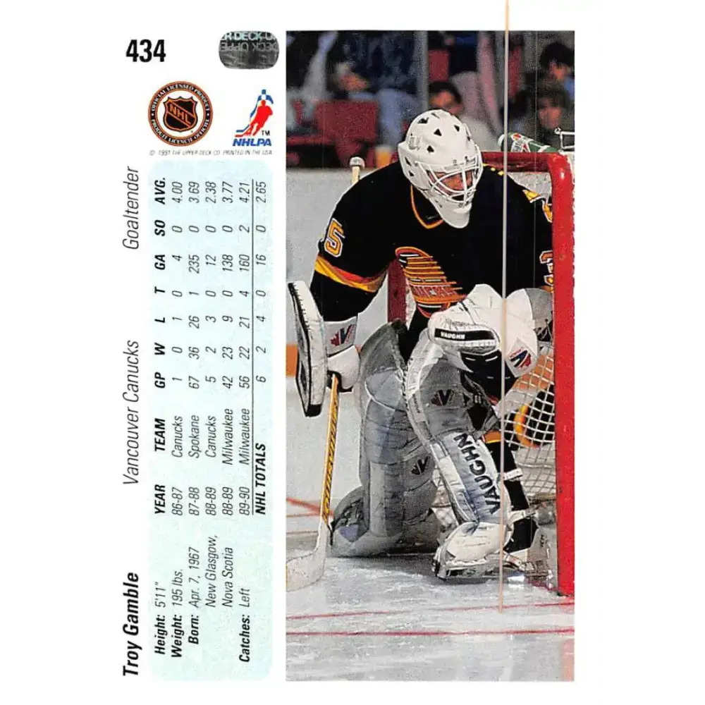 1990-91 Upper Deck #434 Troy Gamble NM-MT RC Rookie Vancouver Canucks Hockey Card - Hockey Card Single
