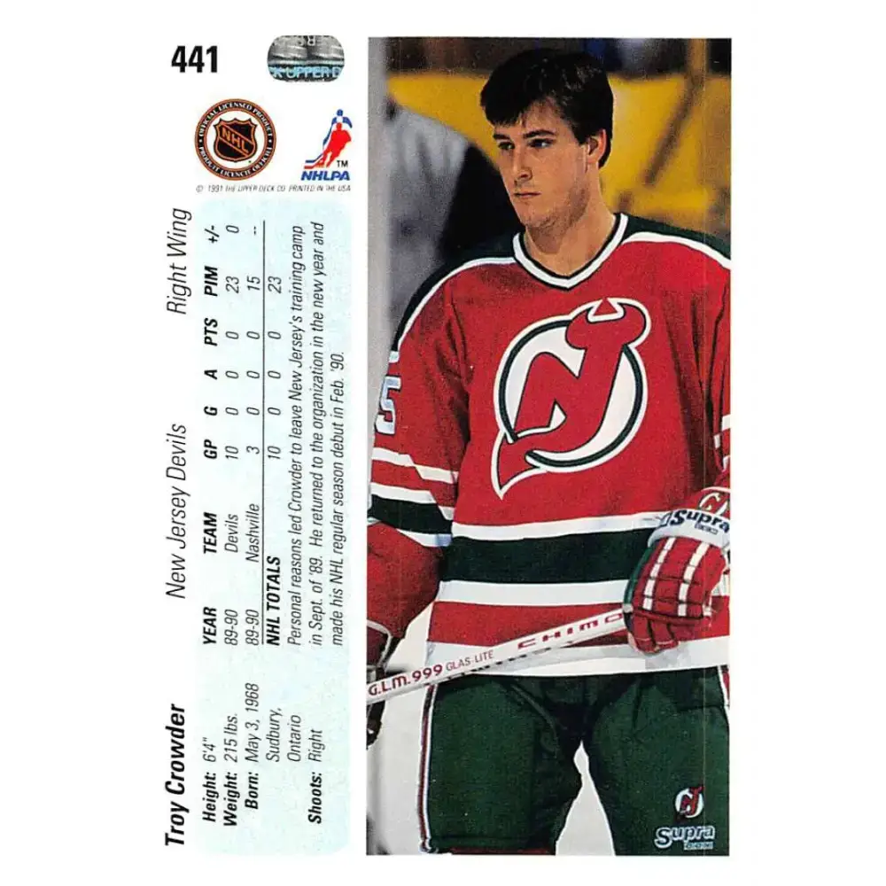 1990-91 Upper Deck #441 Troy Crowder NM-MT RC Rookie New Jersey Devils Hockey Card - Hockey Card Single