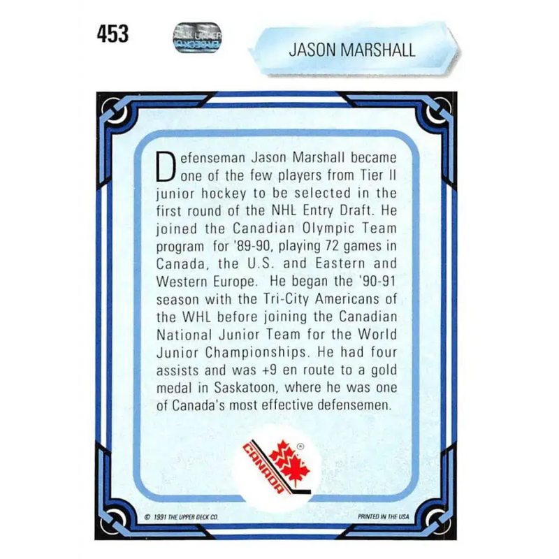 1990-91 Upper Deck #453 Jason Marshall NM-MT RC Rookie Hockey Card - Hockey Card Single