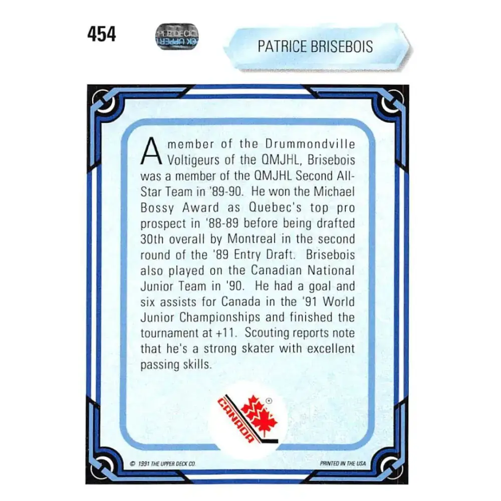 1990-91 Upper Deck #454 Patrice Brisebois NM-MT RC Rookie Hockey Card - Hockey Card Single