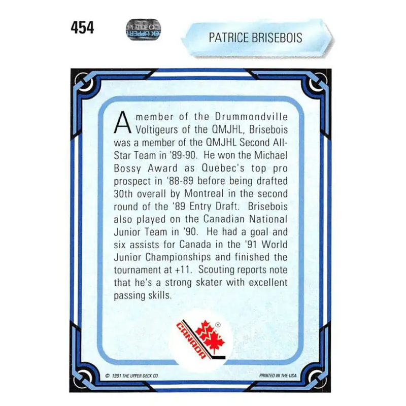 1990-91 Upper Deck #454 Patrice Brisebois NM-MT RC Rookie Hockey Card - Hockey Card Single